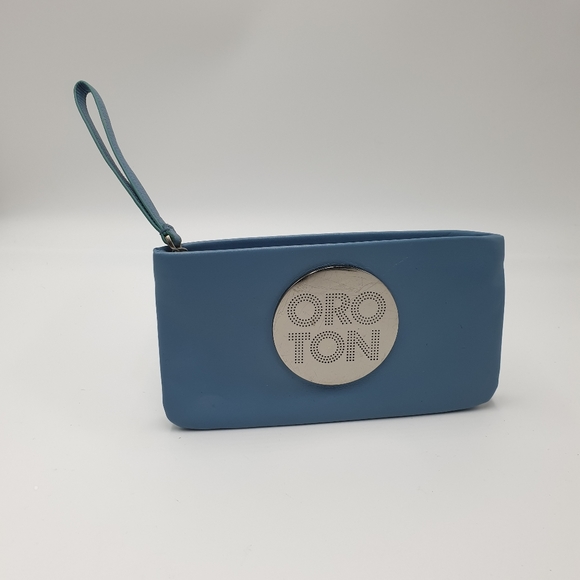 Oroton Handbags - EXTRA 30% OFF🖤 Oroton Dusty Blue Leather Silver Logo Zip Top Pouch Wrislet